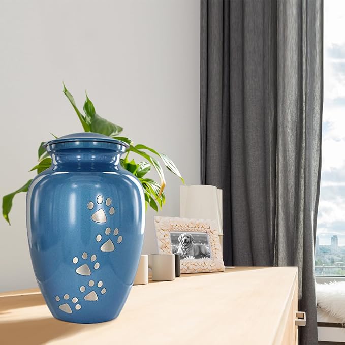 Trupoint Memorials Large Pet Urn for Dogs and Cats Ashes, Paws Print Blue Cremation Urns for Pets up to 122 lbs