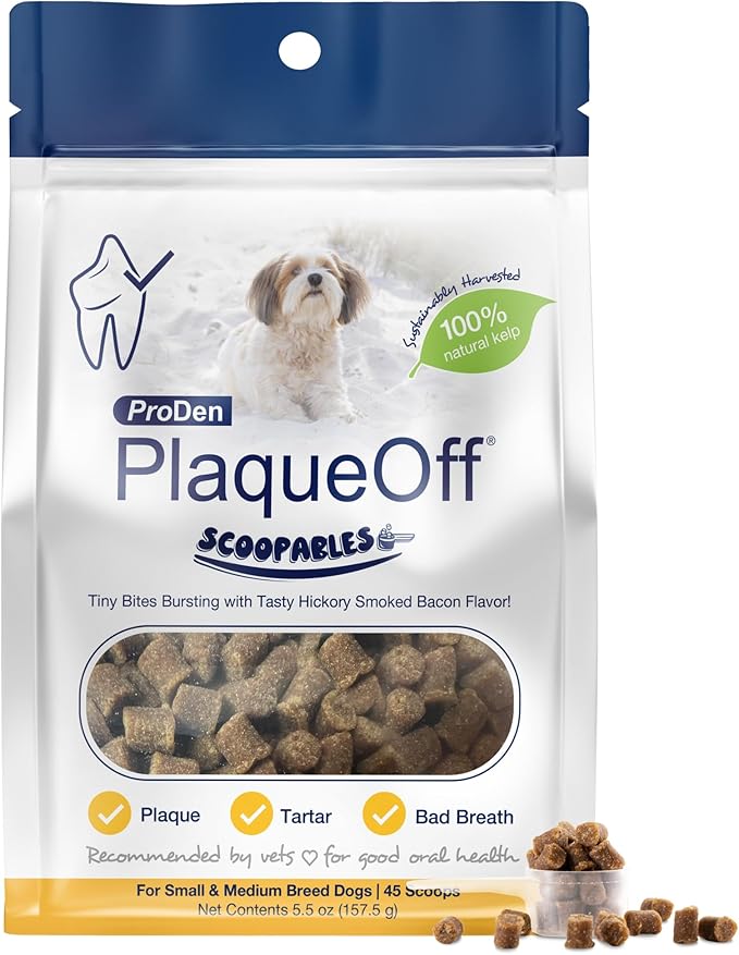 ProDen PlaqueOff Scoopables - Hickory Smoked Bacon Flavor Dental Bites for Small Dogs, Natural Kelp for Plaque & Tartar Control, Freshens Breath - Small & Medium Breed Dental Care- 45 Scoops