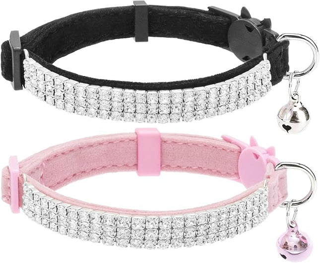 EXPAWLORER Soft Velvet Safe Cat Collars for Girl Cats - Rhinestones Bling Diamante Adjustable Collars Breakaway- Chirstmas Cat Clollar Gifts with Bells for Boy Cats Kitty and Small Dogs
