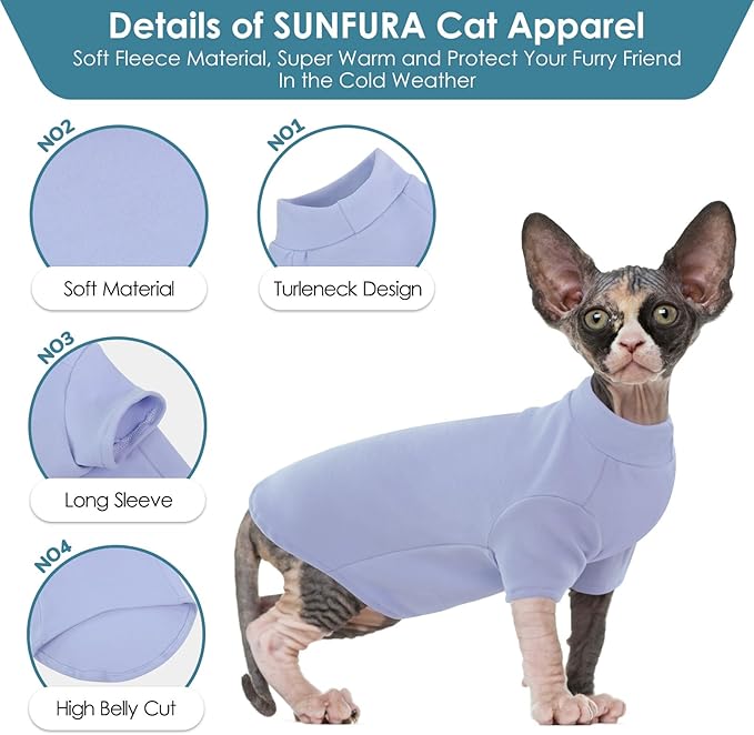 SUNFURA Turtleneck Sweater for Cat, Sphynx Cats Shirt Hairless Cat Sweaters with Sleeves, Warm and Soft Kitten Pullover Fleece Winter Pajamas Jumpsuit for Puppy Cats, Blue S