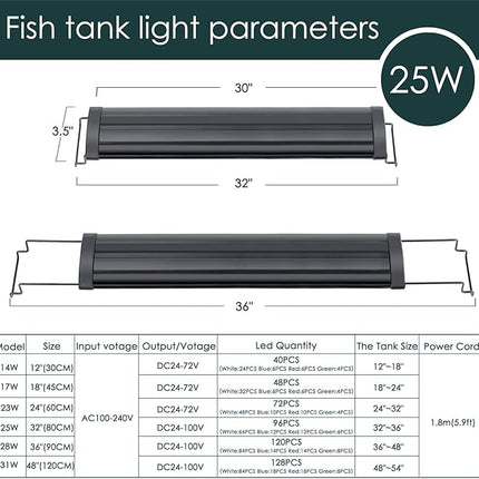 AQQA Aquarium Light,Full Spectrum LED Fish Tank Lights,12"-54" Adjustable Multi-Color White Blue Red Green LEDs with Extendable Brackets,14W-31W for Freshwater Plants (25W (32"-36"))