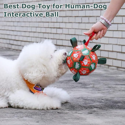 QDAN Christmas Dog Balls with Straps, Soccer Ball for Dogs for Small Medium Pet, Interactive Rope Toys, Puppy Birthday Gifts (6 Inch)