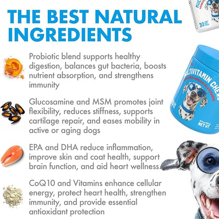 Dog Vitamins - 120 Multivitamins Chews w/Glucosamine Chondroitin, Probiotics Digestive Enzymes and Omegas - Supplement for Overall Health - Joint Support, Immune Health, Skin and Heart Health