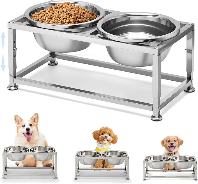 49OZ Full Metal Raised Dog Bowls for Small Dogs - 3 Height Adjustable (6.3'', 7", 7.7") Food Water Bowl, Stainless Steel Elevated Dog Bowl Feeder Station for Relief Joint Pressure