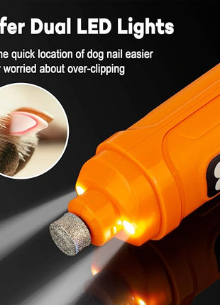 Casfuy Dog Nail Grinder with 2 LED Light - New Version 2-Speed Powerful Electric Pet Nail Trimmer Professional Quiet Painless Paws Grooming & Smoothing for Small Medium Large Dogs and Cats (Orange)