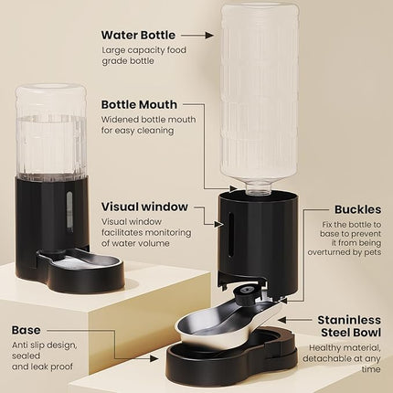 CZPET 2.5 Gallon Dog Water Bowl Dispenser, Automatic Dog and Cat Water Dispenser with Stainless Steel Bowl, Gravity Waterer, Large Capacity, and Quiet Drinking Area for Pets (9.5L,Black)