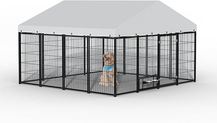 Large Outdoor Dog Kennel with Roof, 9.62’ x 9.35’ x 6.18’ Metal Pet Enclosure, UV & Weatherproof, Spacious Dog Run with Adjustable Feeders Suitable for Dogs, Chickens, Rabbits & More