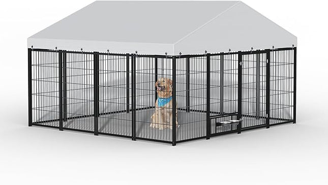 Large Outdoor Dog Kennel with Roof, 9.62’ x 9.35’ x 6.18’ Metal Pet Enclosure, UV & Weatherproof, Spacious Dog Run with Adjustable Feeders Suitable for Dogs, Chickens, Rabbits & More