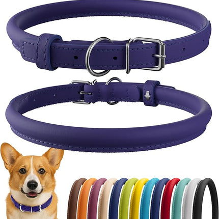 CollarDirect Rolled Leather Dog Collar, Soft Padded Round Puppy Collar, Handmade Genuine Leather Collar Dog Small Large Cat Collars 13 Colors (11-14 Inch, Purple Smooth)