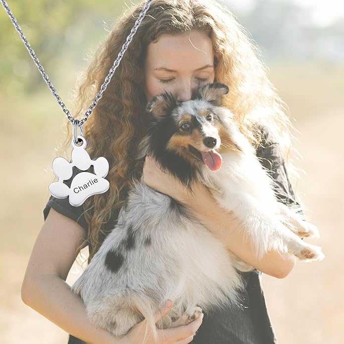 MeMeDIY Personalized Paw Print Necklace for Women Engraved Name Dog Paw Necklace Stainless Steel/925 Sterling Silver Paw Necklace Pet Memorial Necklace 1-4 Cat Paw Print Necklace