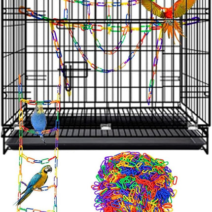 600-Piece Rainbow Plastic Chain Links & Toys - Interlocking C-Clip Bird Cage Accessories for Parakeets, Sugar Gliders, Small Pets (Climbing/Swinging Toys)