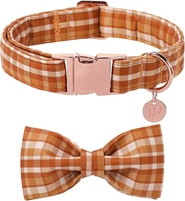 Fall Plaid Dog Collar and Bow Tie Set – Brown Orange Checkered Adjustable Collar with Maple Leaf Charm for Small Medium Large Dogs, Soft Cotton Puppy Collar with Quick Release Buckle