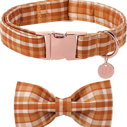 Fall Plaid Dog Collar and Bow Tie Set – Brown Orange Checkered Adjustable Collar with Maple Leaf Charm for Small Medium Large Dogs, Soft Cotton Puppy Collar with Quick Release Buckle