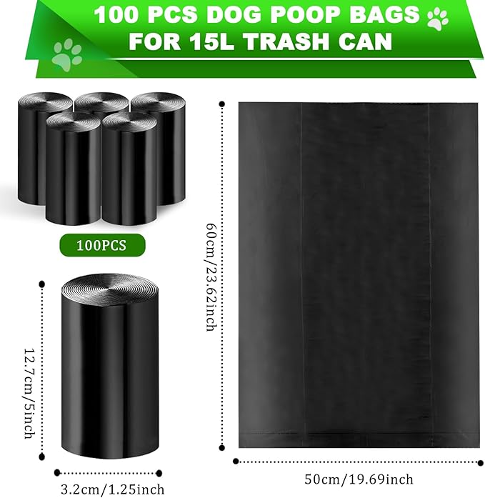 Dog Waste Bags for 15L Dog Poop Trash Can, 5 Pack Rolls Totaling 100 Bags, Black, Unscented