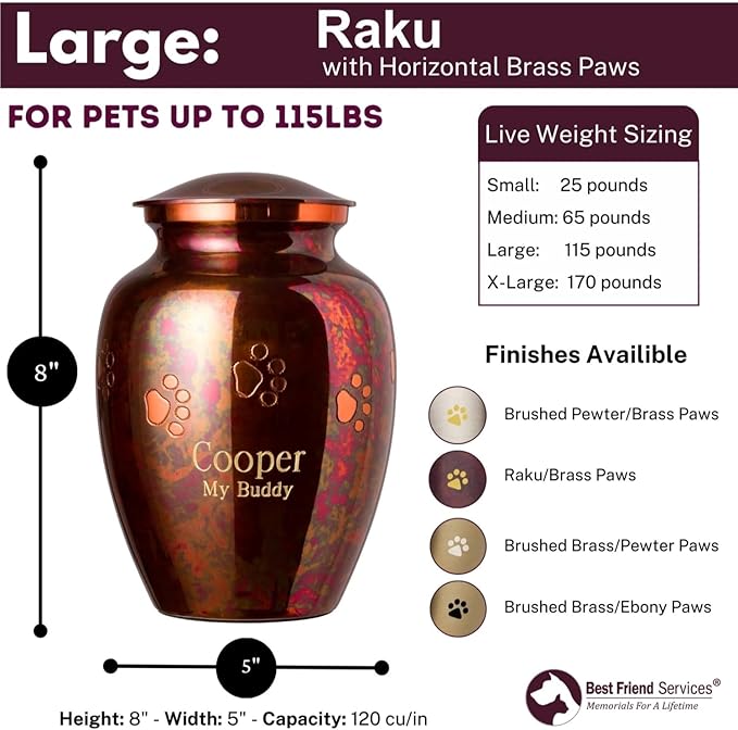 Ottillie Paws Elite Series Personalized Pet Urn for Dogs and Cats - Pet Memorial Urns with Custom Engraving (Raku, Horizontal, Brass, Large)