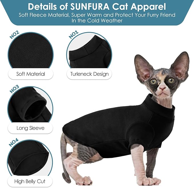 SUNFURA Turtleneck Sweater for Cat, Sphynx Cats Shirt Hairless Cat Sweaters with Sleeves, Warm and Soft Kitten Pullover Fleece Winter Pajamas Jumpsuit for Puppy Cats, Black S