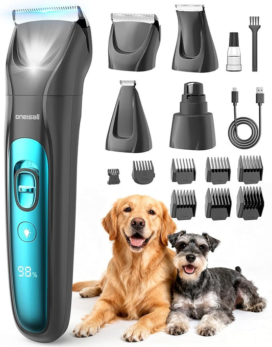 oneisall Quiet Dog Clippers for Grooming LED Light, Cordless Dog Grooming Kit 4 in 1, 2000mAh Pet Clippers Paw Trimmer Nail Grinder for Paw, Nail, Face, Ears, Legs, Body