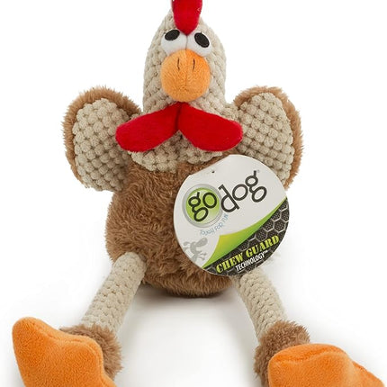 goDog Checkers Skinny Rooster Squeaky Plush Dog Toy, Chew Guard Technology - Brown, Small