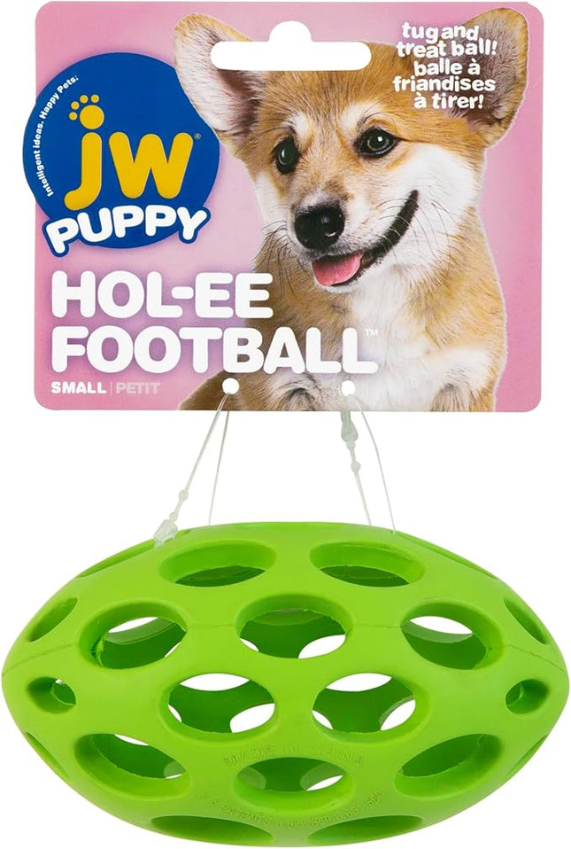 JW Pet Hol-ee Football Dog Toy Puzzle Ball, Natural Rubber, Small (5 Inch Length), Colors May Vary