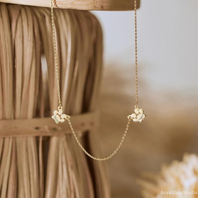 Customized Paw Print Necklace Personalized Pet Name Necklace Custom Engraved Dog Cat Paw Pendant Necklace Pet Memorial Gift for Pet Lovers