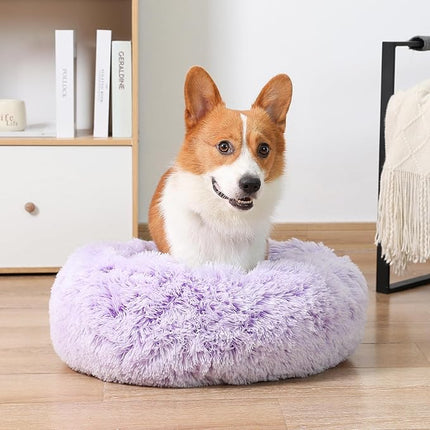 NOYAL Calming Donut Dog Bed for Small to Medium Dogs & Cats - Plush Faux Fur Anti-Anxiety Pet Bed with Machine Washable Cover & Non-Slip Base