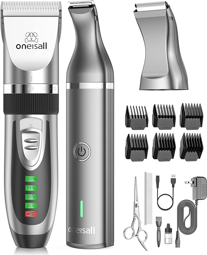 oneisall 2 in 1 Pet Cat & Dog Grooming Kit - Quiet Cordless Dog Clippers & Paw Trimmer for Grooming Pet Hair