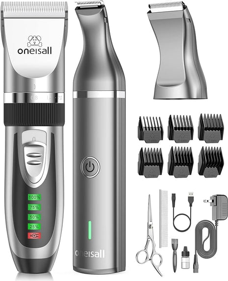 oneisall 2 in 1 Pet Cat & Dog Grooming Kit - Quiet Cordless Dog Clippers & Paw Trimmer for Grooming Pet Hair