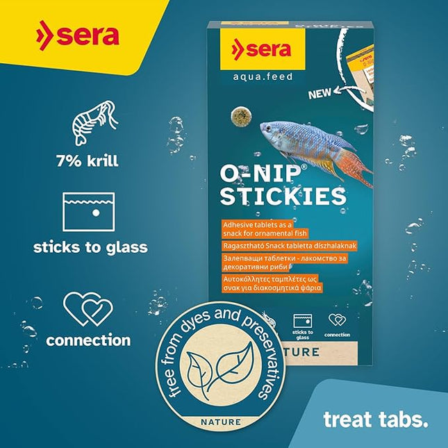 Sera O-Nip Nature 24 Tabs 0.6 oz | Complete Feed for All Ornamental Fish | Adhesive Tablets Stick to The Aquarium Glass | High Protein | No Dyes & Preservatives | with Bloodworms, Krill & Tubifex