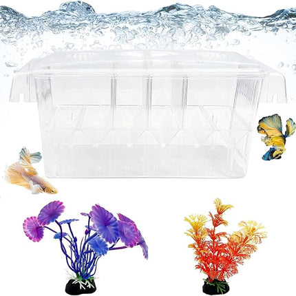 Tfwadmx Fish Breeding Box - 4 Rooms HD Aquarium Breeder with Suction Cups, Baby Hatchery Acrylic Incubator Isolation Box, Artificial Plant for Guppy Hatchery