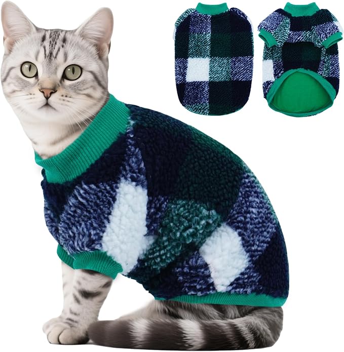 DENTRUN Cat Sweater Winter Clothes - Plush Fleece Coat with Cotton Lining, Anti-Static, Front Legs Kitten Pajamas, Stretch Ribbed Cuffs for Warmth, Cozy Christmas Outfit for Small Medium Large Cats