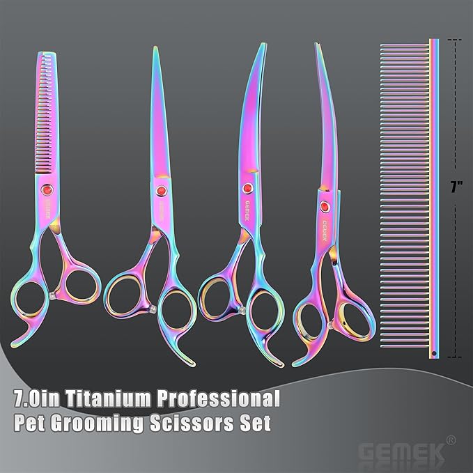 7.0in Titanium Rainbow Professional Pet Grooming Scissors Set, GEMEK 6 in 1 Straight & Thinning & Upwards Curved & Downwards Curved Scissors & Comb for Dogs, Cats (Rainbow)