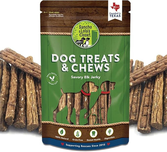 100% Natural Elk Jerky Dog Treats by Sancho and Lola’s (12 Pack) Packed with Lean Protein for a Healthy Snack - Made in The USA