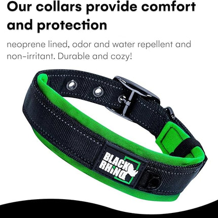 Black Rhino Dog Collar for Medium Dogs - Adjustable Reflective Heavy Duty Dog Collar with Ultra-Soft Neoprene Padding - Weatherproof, Durable, and Comfortable - Ideal for Active Dogs - Green and Black