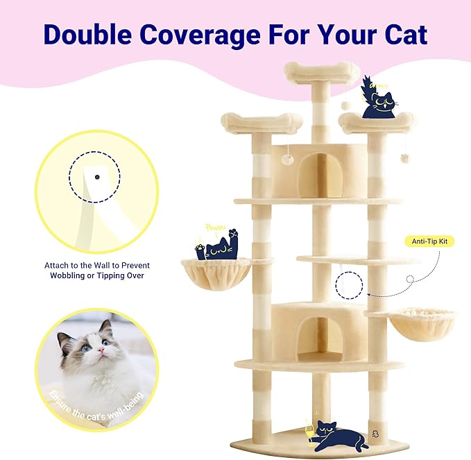 Allewie 73in Fan-Shaped Space-Saving Corner Cat Tower/Multi-Level Tall Cat Tree for Indoor Kitties/Cozy Baskets/Condos/House/Perches/Sisal Scratching Posts/Pet Activity Center/Beige