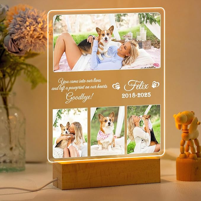 Personalized Pet Memorial Gifts, Pet Loss Gifts in Memory of Dog Night Lights, Custom Dog Memorial Plaque, Cat Memorial Photo Frame (Design #3)