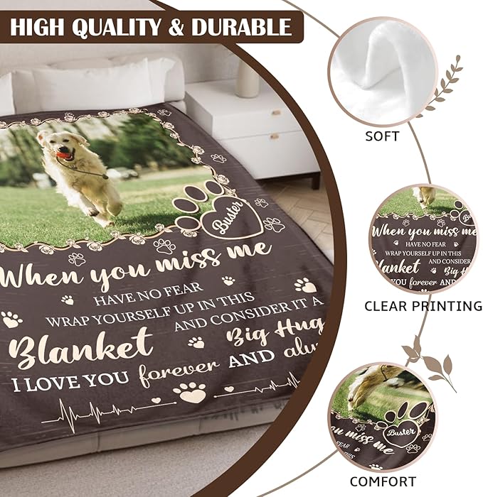Dog Memorial Gifts for Loss of Dog - Personalized Pet Memorial Blanket with Photo Name, Pet Loss Sympathy Gift, Custom Dogs Blanket Pet Bereavement Remembrance Gifts