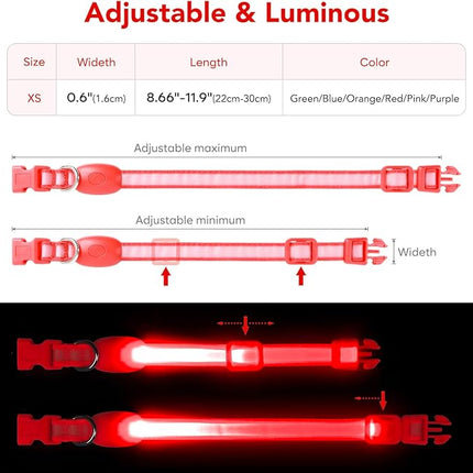 Light up Collar for Small Dog,Vizpet XS Adjustable Size Nylon Collar USB Rechargeable Bright Safety Pet Collar for Cats Small Dogs(Red, X-Small[ 8.66-11.9 inch/22cm-30cm])