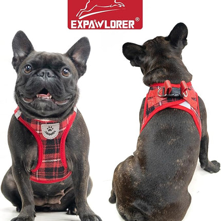 EXPAWLORER Classic Plaid Puppy Harness - Small Dog Harness and Leash Set - Dog Collar and Leash Set with AirTag Holder, Soft Padded Step in Dog Vest Harness No Pull Reflective for Outdoor, Red S
