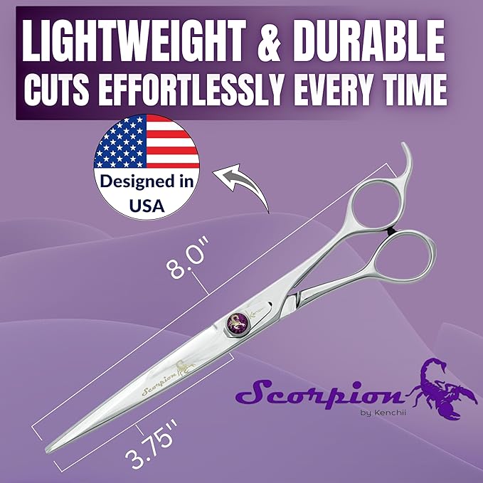 Kenchii Scorpion 8 Inch, Straight Grooming Scissors for Dogs and Pets - Premium Steel Scissors for Dog Grooming - Dog Shears Pet Grooming Accessories - Pet Hair Trimming Scissor