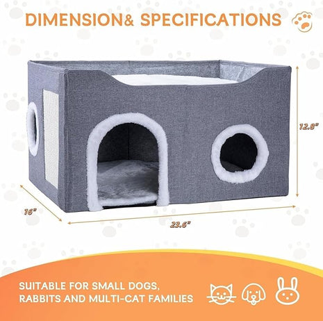 Cat House for Indoor Cats – Foldable Cat Cave & Covered Cat Bed, Cozy Hideaway for Small Pets and Large Cats (23.6"x16"x12.8"),Grey