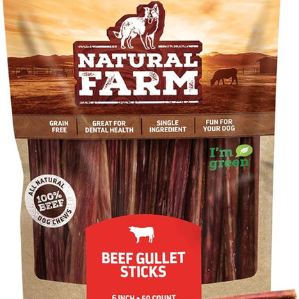Natural Farm Gullet Sticks (6 Inch, 50 Pack) - One Ingredient Beef Esophagus Chews - Fully Digestible, Promotes Joint & Dental Health, for Pups, Small & Senior Dogs