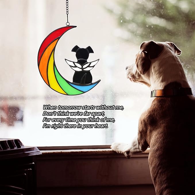Stained Glass Rainbow Bridge Dog Memorial Gifts for Loss of Dog Sympathy Remembrance Suncatcher, Angel Wings Pet Loss Bereavement Gifts in Memory of Pet Passing Away Window Hanging.