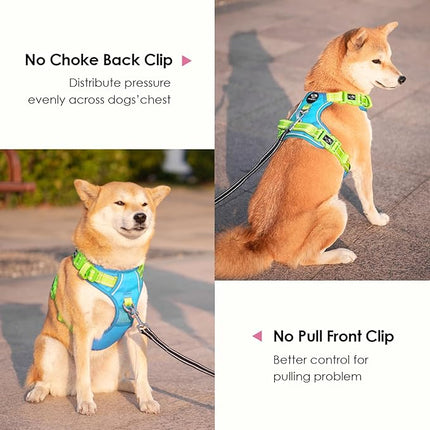 PHOEPET No Pull Dog Harness, Unique Colors Reflective Adjustable Dog Vest, with Soft Training Handle Metal Clips for Small Medium Large Dogs (Blue Base & Green Straps,S)