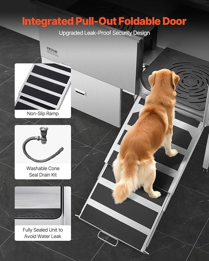 VEVOR Professional 304 Stainless Steel Dog Bathing Station, 61 inch Pet Grooming Tub w/Anti-Slip ramp, Storage Drawer, Cold Hot Faucet Showerhead for Large & Medium & Small (Right Door, with Drawer)