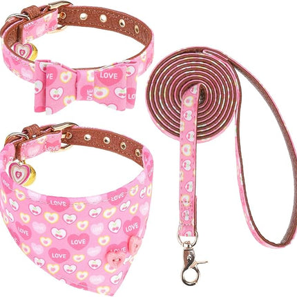 EXPAWLORER Valentine's Day Dog Collar and Leash Set - Pink Heart Dog Bow Tie and Dog Bandana Collar with Bell, Dog Leash Tangle Free, Adjustable Collars for Small Dogs Cats, Holiday Ideal Gift, S