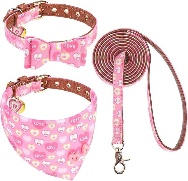 EXPAWLORER Valentine's Day Dog Collar and Leash Set - Pink Heart Dog Bow Tie and Dog Bandana Collar with Bell, Dog Leash Tangle Free, Adjustable Collars for Small Dogs Cats, Holiday Ideal Gift, S