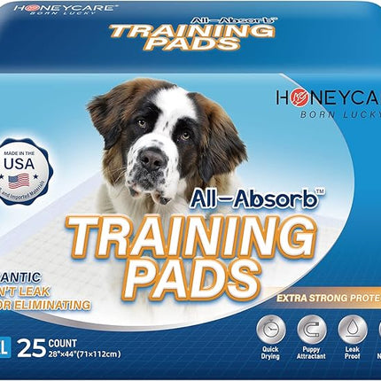 HONEY CARE All-Absorb 28"x44" Gigantic Dog and Puppy Training Pads, XXXL Dog Incontinence Training Pads, Made in The USA Dog Pee Pads(25 Count),White / Blue