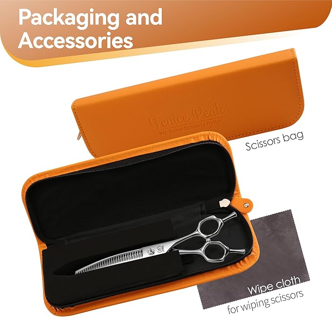 Fenice Peak 7.5 Curved Thinning Traceless Dog Grooming Scissors Japanese 440C Stainless Steel with Bearing Screws Smooth Cutting and Durable