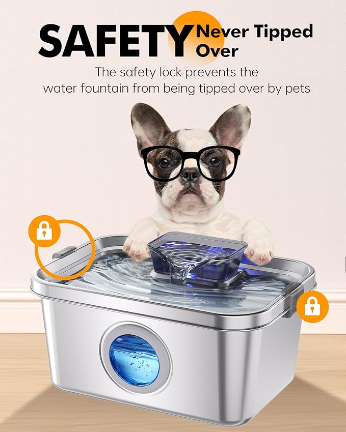 Cat & Dog Water Fountain, 2 Gallon 304 Food Grade Stainless Steel Pet Water Fountain, Ultra Quiet Dog Water Bowl Dispenser, Safety Lock, 3 Replacement Filters, Smart Water Pump Protection