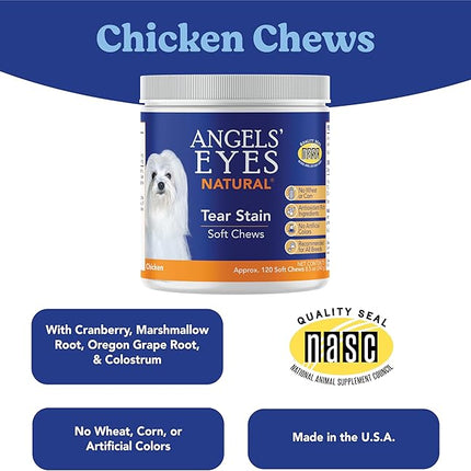 Angels’ Eyes Natural Tear Stain Supplement Chews for Dogs, Prevent Stained Fur, with Oregon Grape Root, Marshmallow Root, Colostrum, No Wheat or Corn, 120ct Chicken
